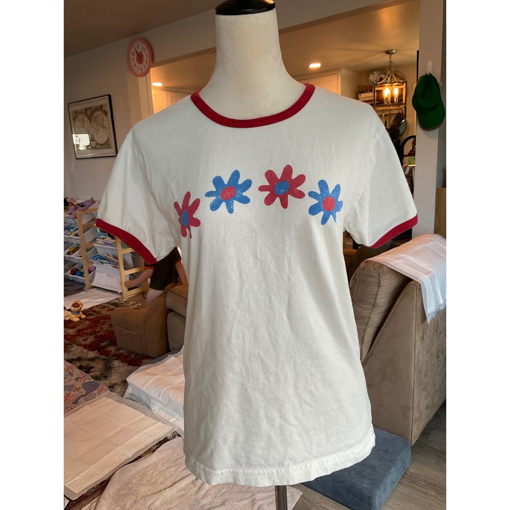 Oat Collective Womens Retro Flower Graphic Ringer T-Shirt White Red Kidcore S